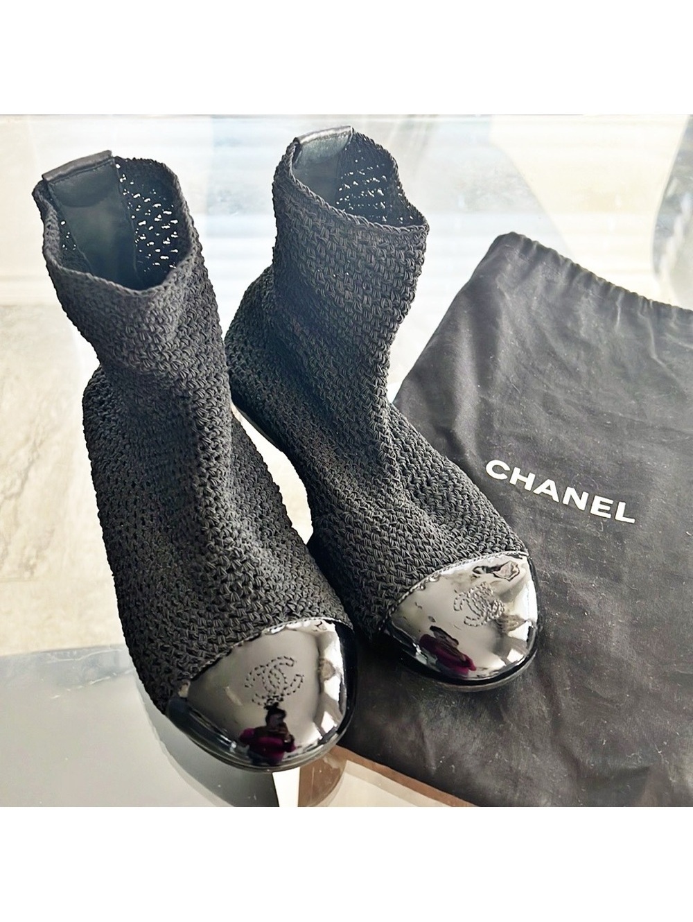 Rare CHANEL Crochet Patent Leather Cap Toe Sock Booties in Black, Size 35